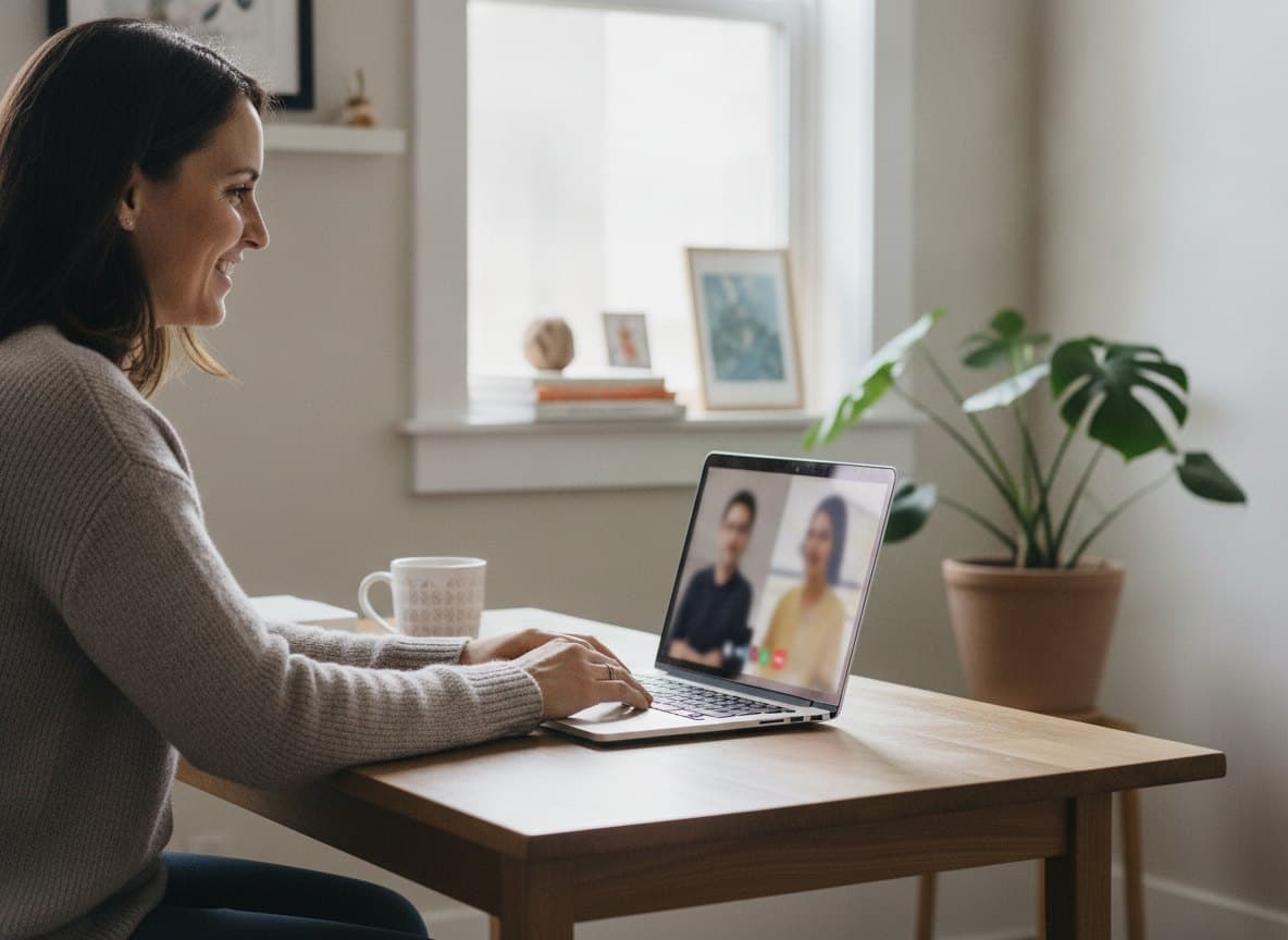 A parent joining a friendly video consultation on a laptop from a calm home workspace