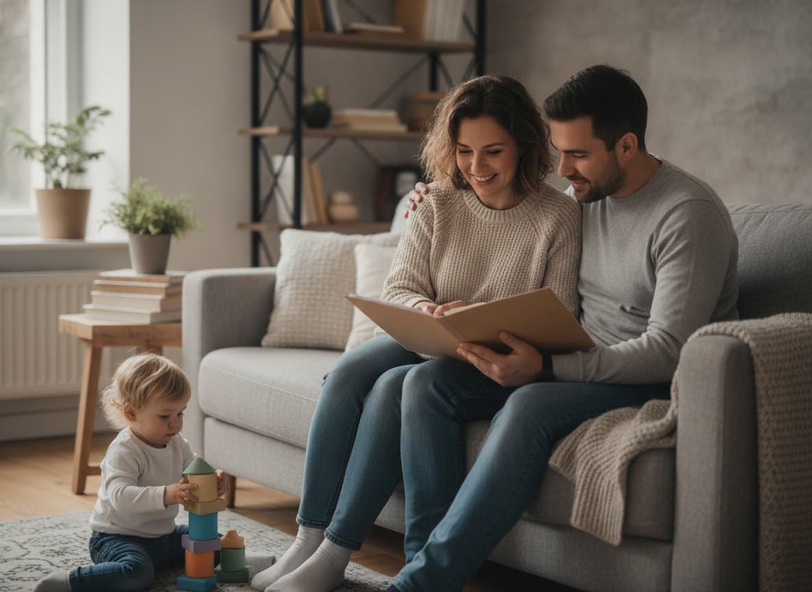 Parents reviewing a document folder together at home while their young child plays nearby