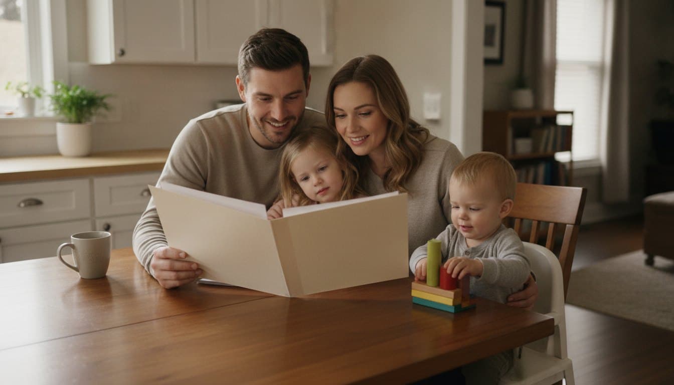 Young North Carolina parents and their two children reviewing a planning folder together at home